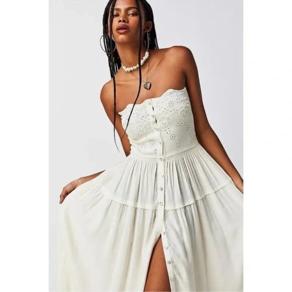 ✨SOLD✨Free People Evelyn Eyelet Eyelet Midi Dress ivory - S (partial tag) $198 - Picture 4 of 10